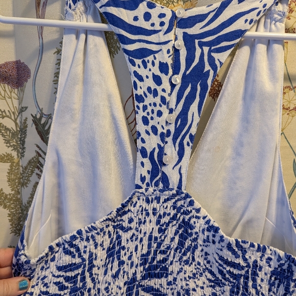 Sincerely Jewels Blue & White Linen Racer Back Midi Dress - Picture 4 of 6
